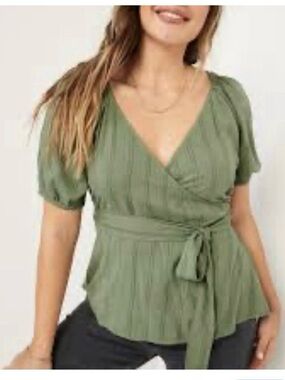 Old Navy Olive Wrap Tie Peplum V-Neck Blouse